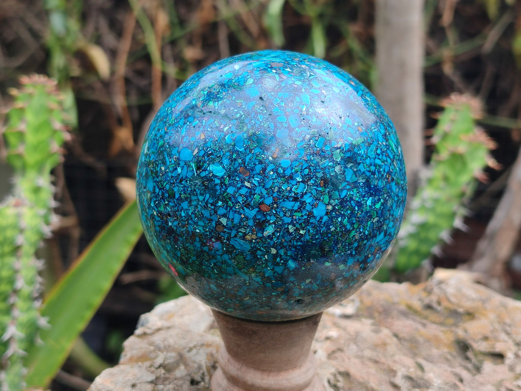 Polished Chrysocolla Conglomerate Spheres on a Wood Stand x 1 From Congo - Toprock Gemstones and Minerals 