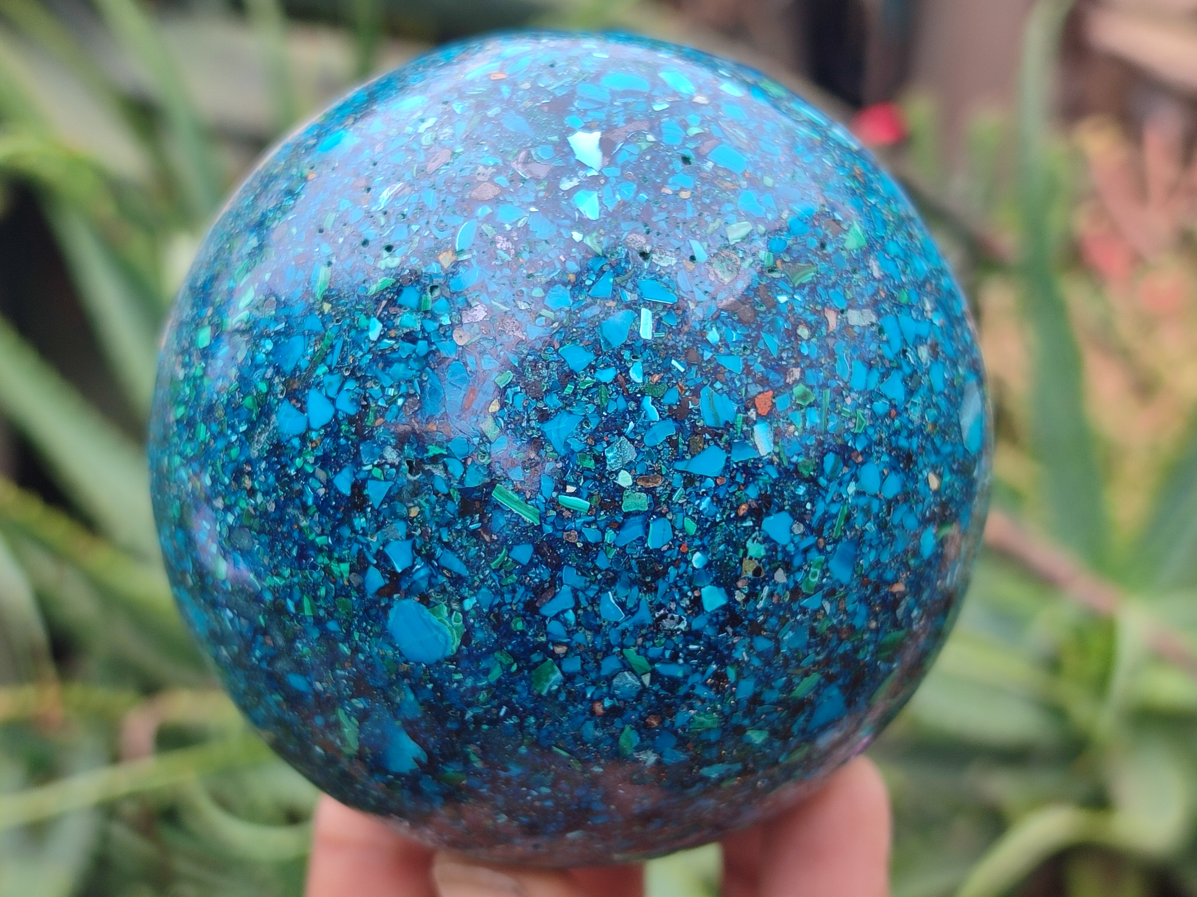 Polished Chrysocolla Conglomerate Spheres on a Wood Stand x 1 From Congo - Toprock Gemstones and Minerals 