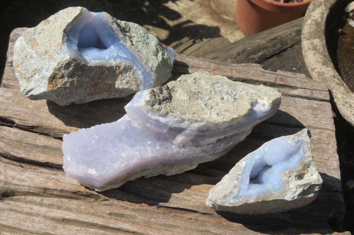 Natural Blue Lace Agate Geode Specimens x 3 From Nsanje, Malawi - Toprock Gemstones and Minerals 