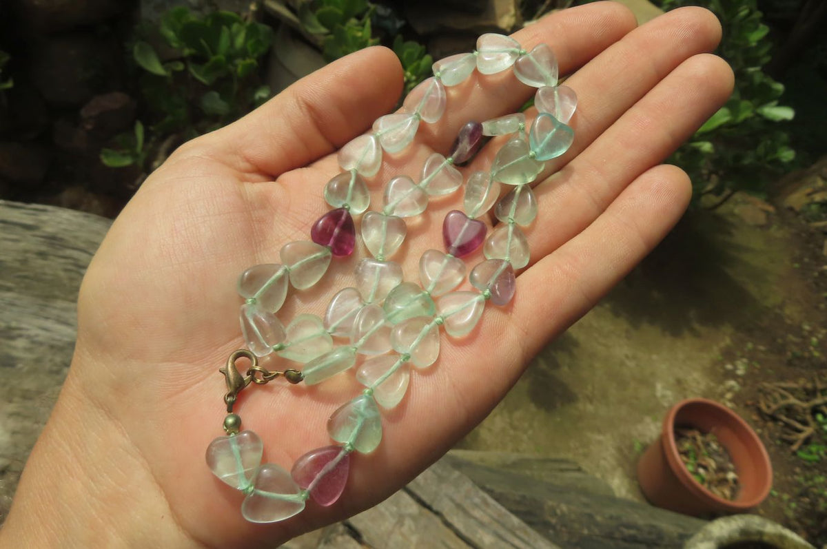 Polished Green and Purple Fluorite Gemstone Heart Necklace - Sold Per Item - From Namibia - Toprock Gemstones and Minerals 