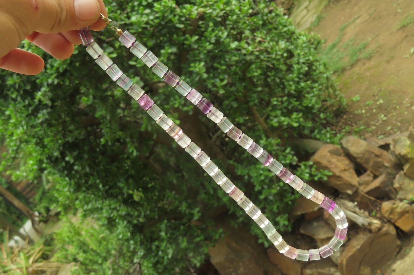 Polished Watermelon Fluorite Cylinder/Barrel Beaded Necklace - sold per item - From Uis, Namibia - Toprock Gemstones and Minerals 