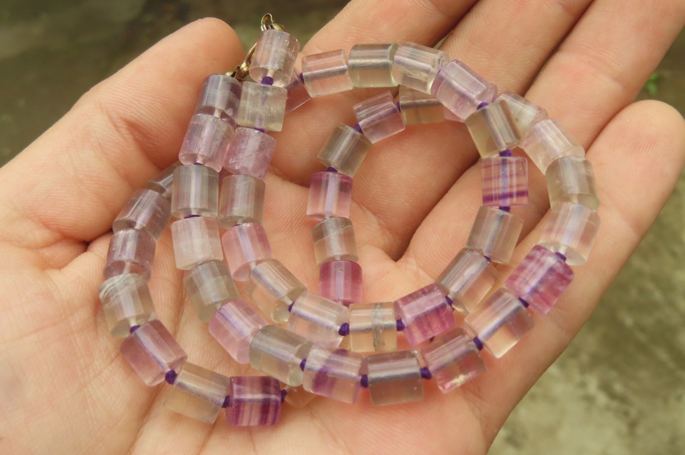 Polished Watermelon Fluorite Cylinder/Barrel Beaded Necklace - sold per item - From Uis, Namibia - Toprock Gemstones and Minerals 