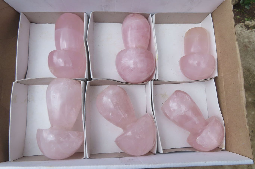 Polished Rose Quartz Mushroom Carvings x 6 From Madagascar - Toprock Gemstones and Minerals 