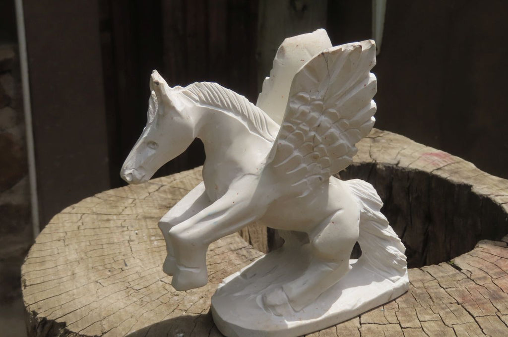Hand Made White Marble Pegasus Carving x 1 From Zimbabwe - Toprock Gemstones and Minerals 