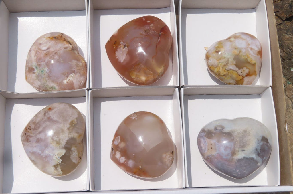 Polished Flower Agate Gemstone Hearts x 6 From Madagascar - Toprock Gemstones and Minerals 