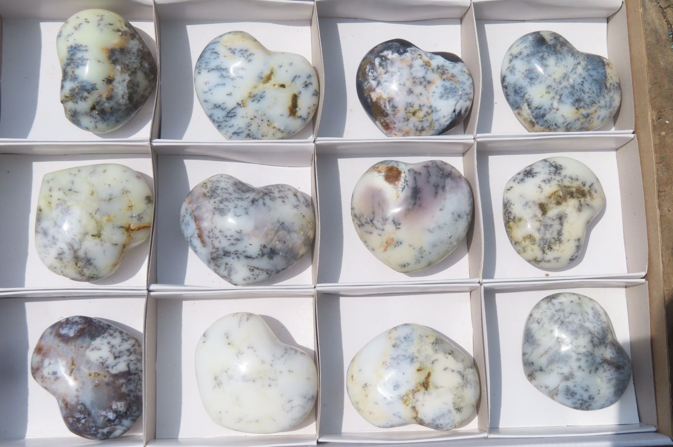 Polished Dendritic Opal Gemstone Hearts x 12 From Moralambo, Madagascar - Toprock Gemstones and Minerals 