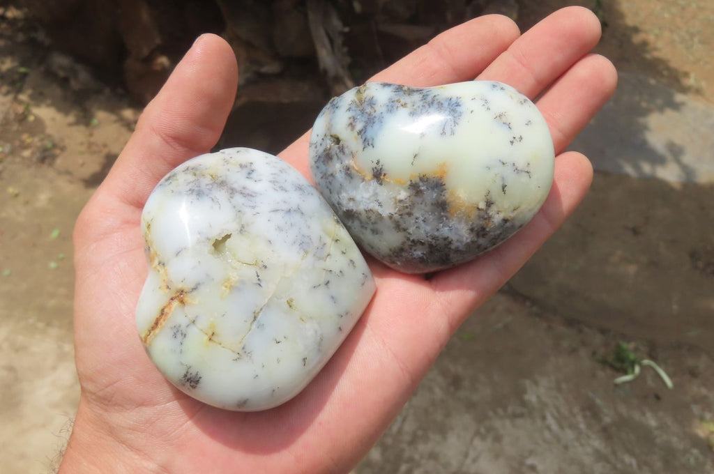 Polished Dendritic Opal Gemstone Hearts x 12 From Moralambo, Madagascar - Toprock Gemstones and Minerals 