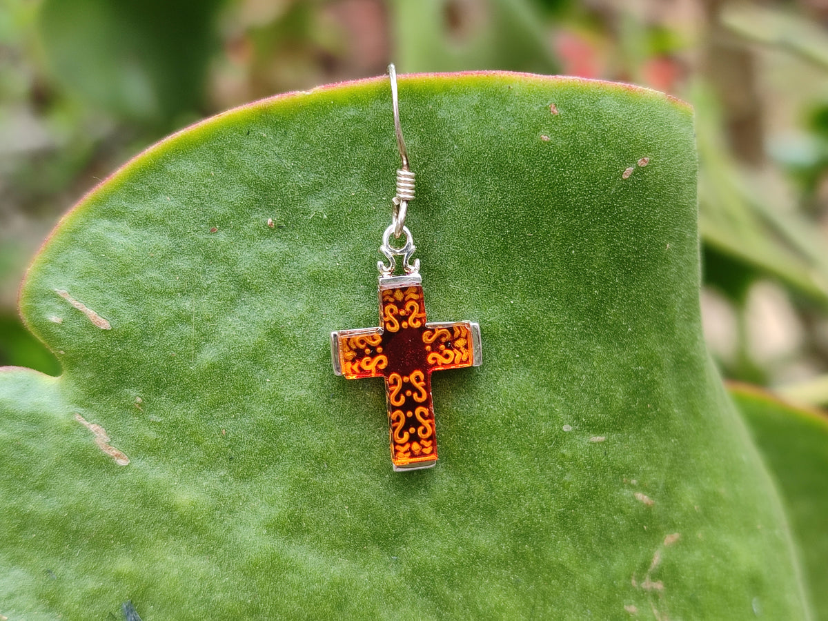 Polished Pair of Baltic Amber Cross Carved Earrings In Sterling Silver - Sold Per Pair - From Poland - Toprock Gemstones and Minerals 