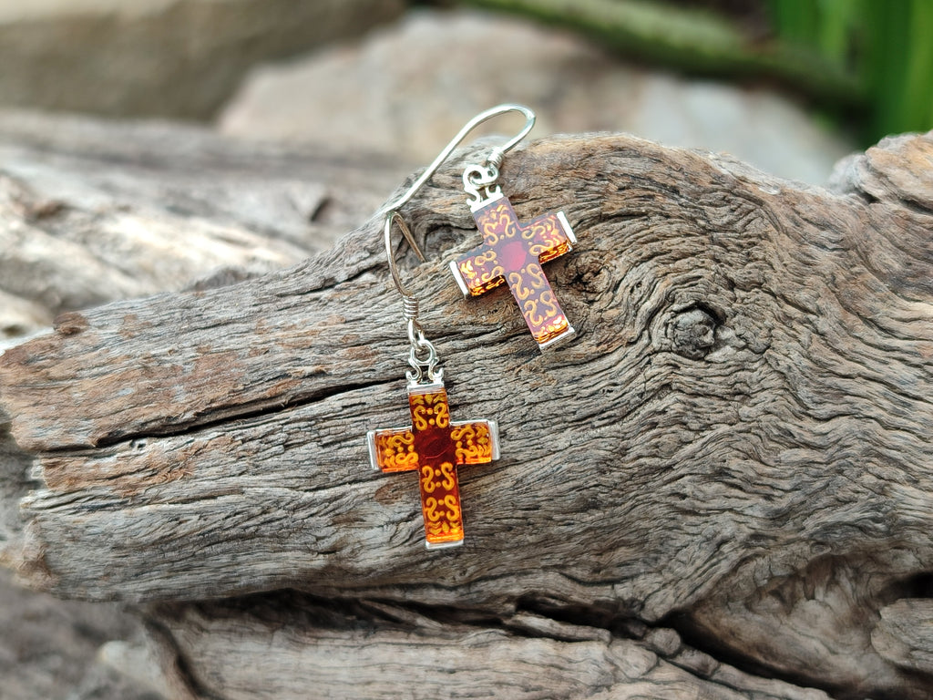 Polished Pair of Baltic Amber Cross Carved Earrings In Sterling Silver - Sold Per Pair - From Poland - Toprock Gemstones and Minerals 
