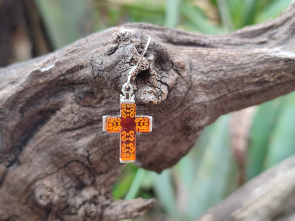 Polished Pair of Baltic Amber Cross Carved Earrings In Sterling Silver - Sold Per Pair - From Poland - Toprock Gemstones and Minerals 