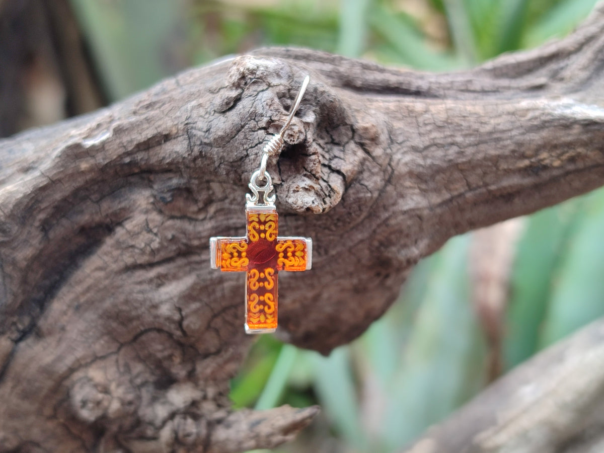 Polished Pair of Baltic Amber Cross Carved Earrings In Sterling Silver - Sold Per Pair - From Poland - Toprock Gemstones and Minerals 