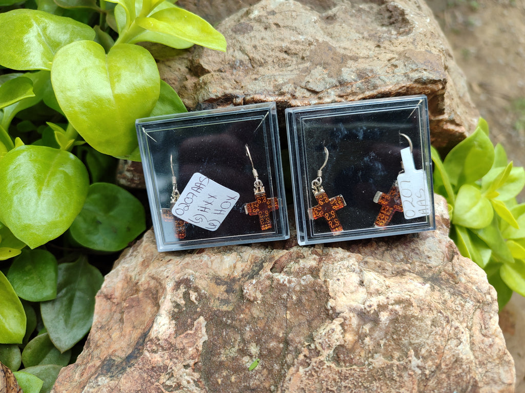 Polished Pair of Baltic Amber Cross Carved Earrings In Sterling Silver - Sold Per Pair - From Poland - Toprock Gemstones and Minerals 