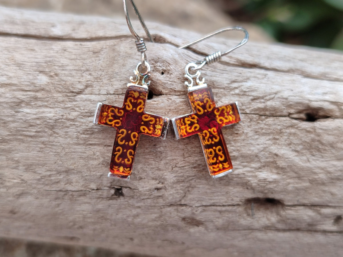 Polished Pair of Baltic Amber Cross Carved Earrings In Sterling Silver - Sold Per Pair - From Poland - Toprock Gemstones and Minerals 