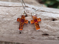 Polished Pair of Baltic Amber Cross Carved Earrings In Sterling Silver - Sold Per Pair - From Poland - Toprock Gemstones and Minerals 