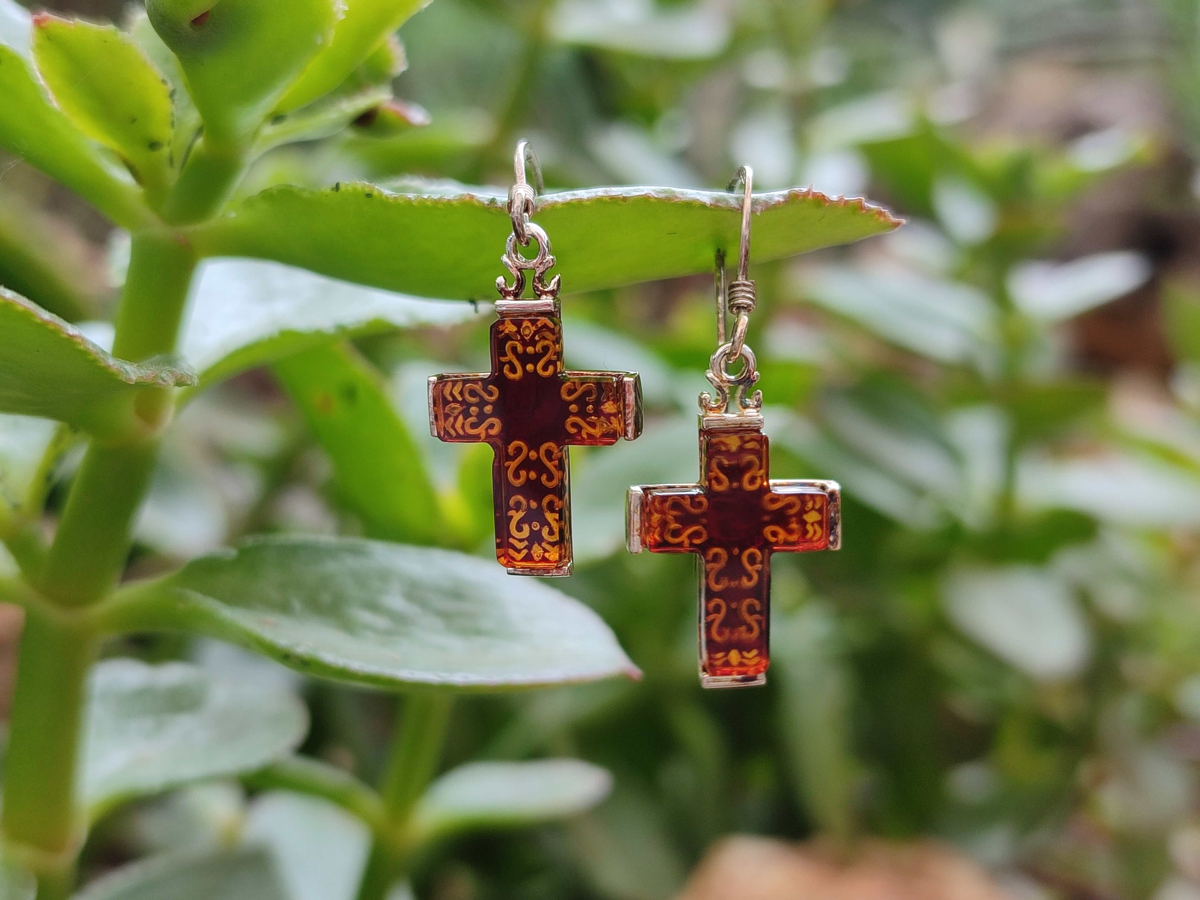 Polished Pair of Baltic Amber Cross Carved Earrings In Sterling Silver - Sold Per Pair - From Poland - Toprock Gemstones and Minerals 