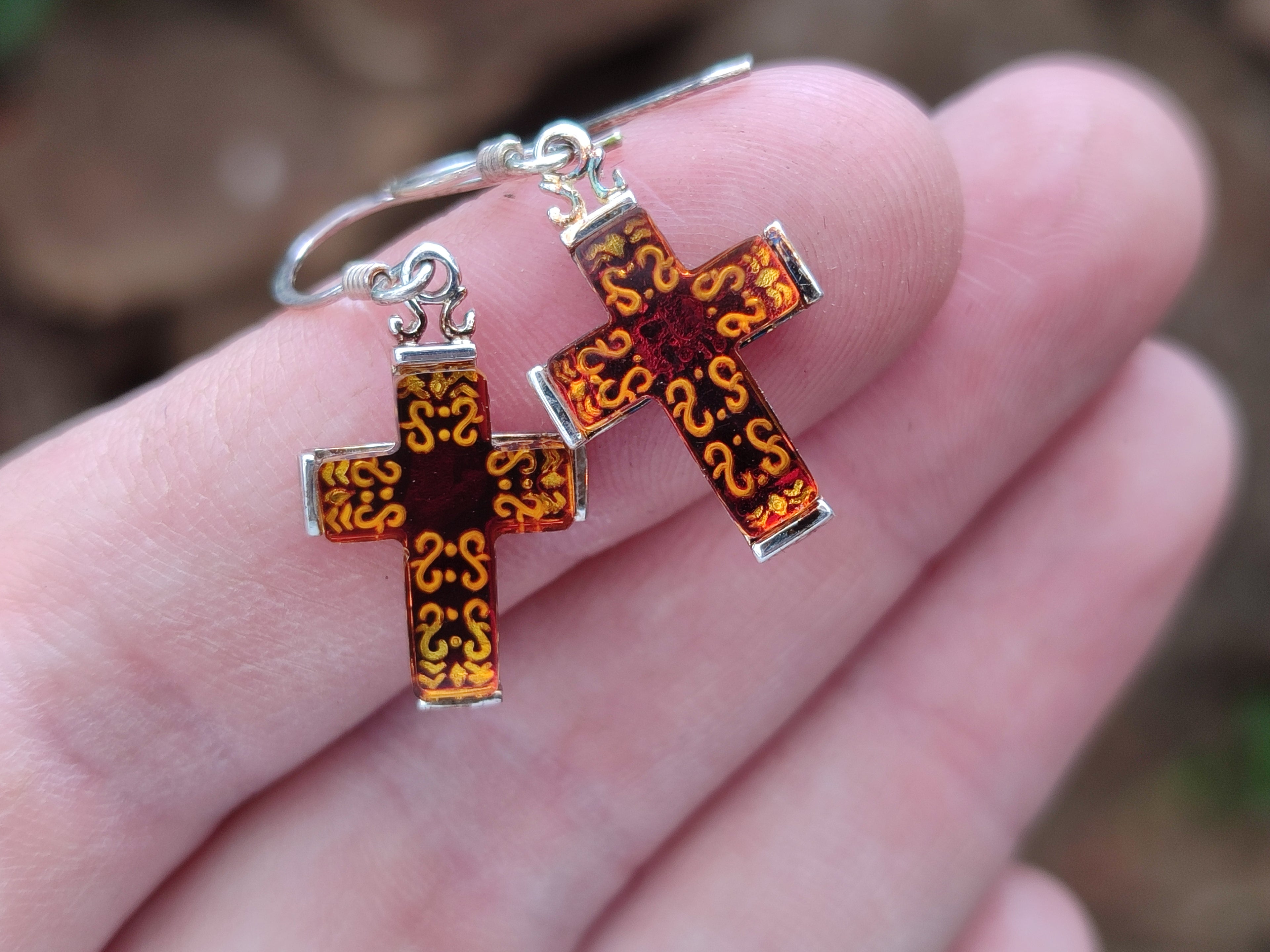 Polished Pair of Baltic Amber Cross Carved Earrings In Sterling Silver - Sold Per Pair - From Poland - Toprock Gemstones and Minerals 