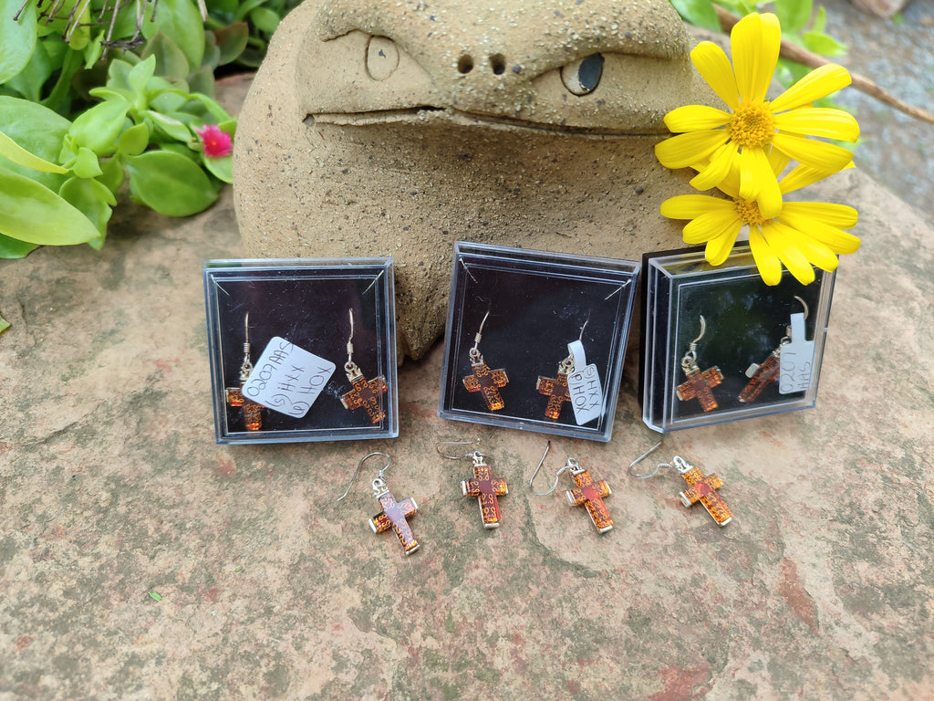 Polished Pair of Baltic Amber Cross Carved Earrings In Sterling Silver - Sold Per Pair - From Poland - Toprock Gemstones and Minerals 