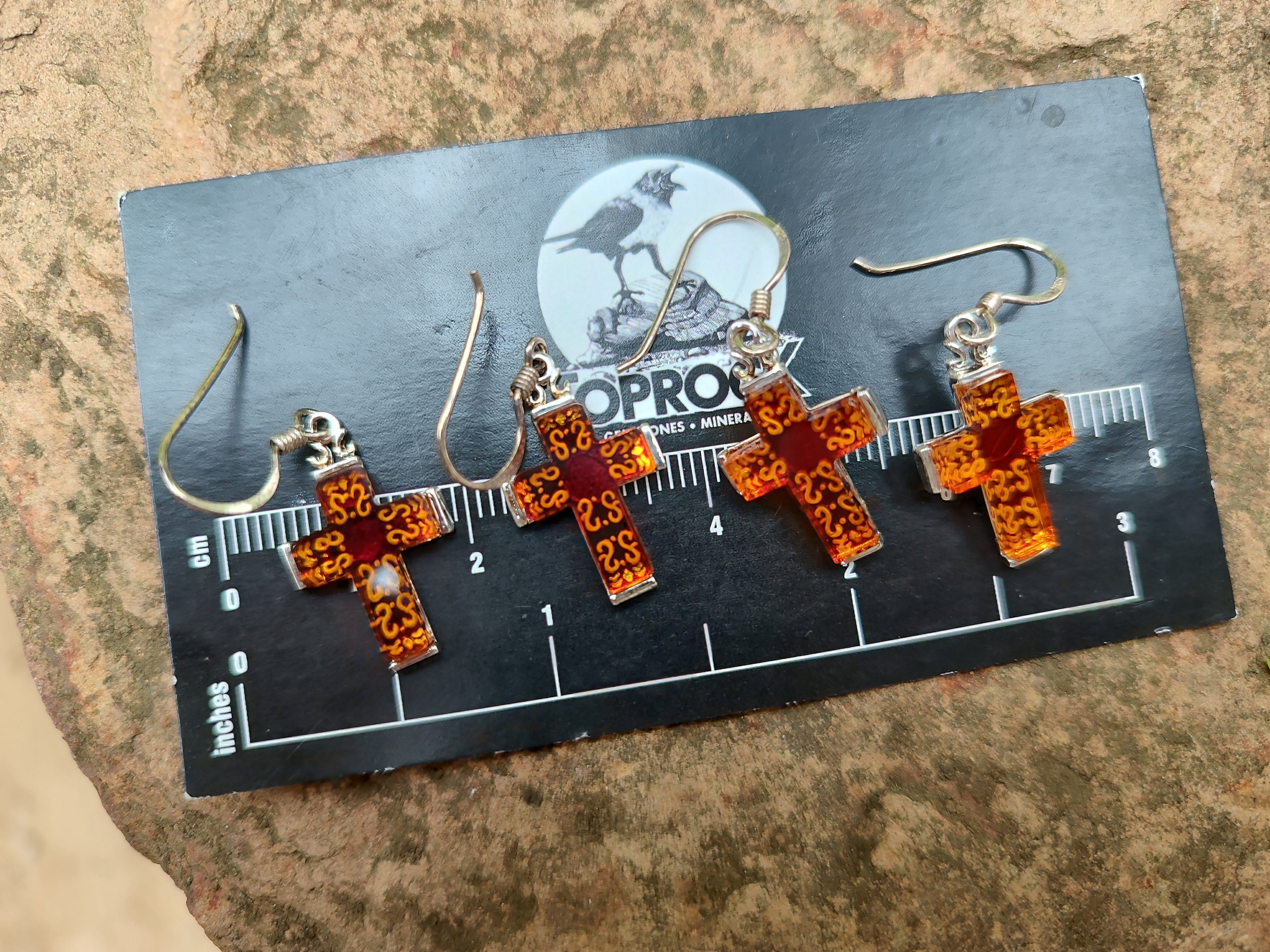 Polished Pair of Baltic Amber Cross Carved Earrings In Sterling Silver - Sold Per Pair - From Poland - Toprock Gemstones and Minerals 