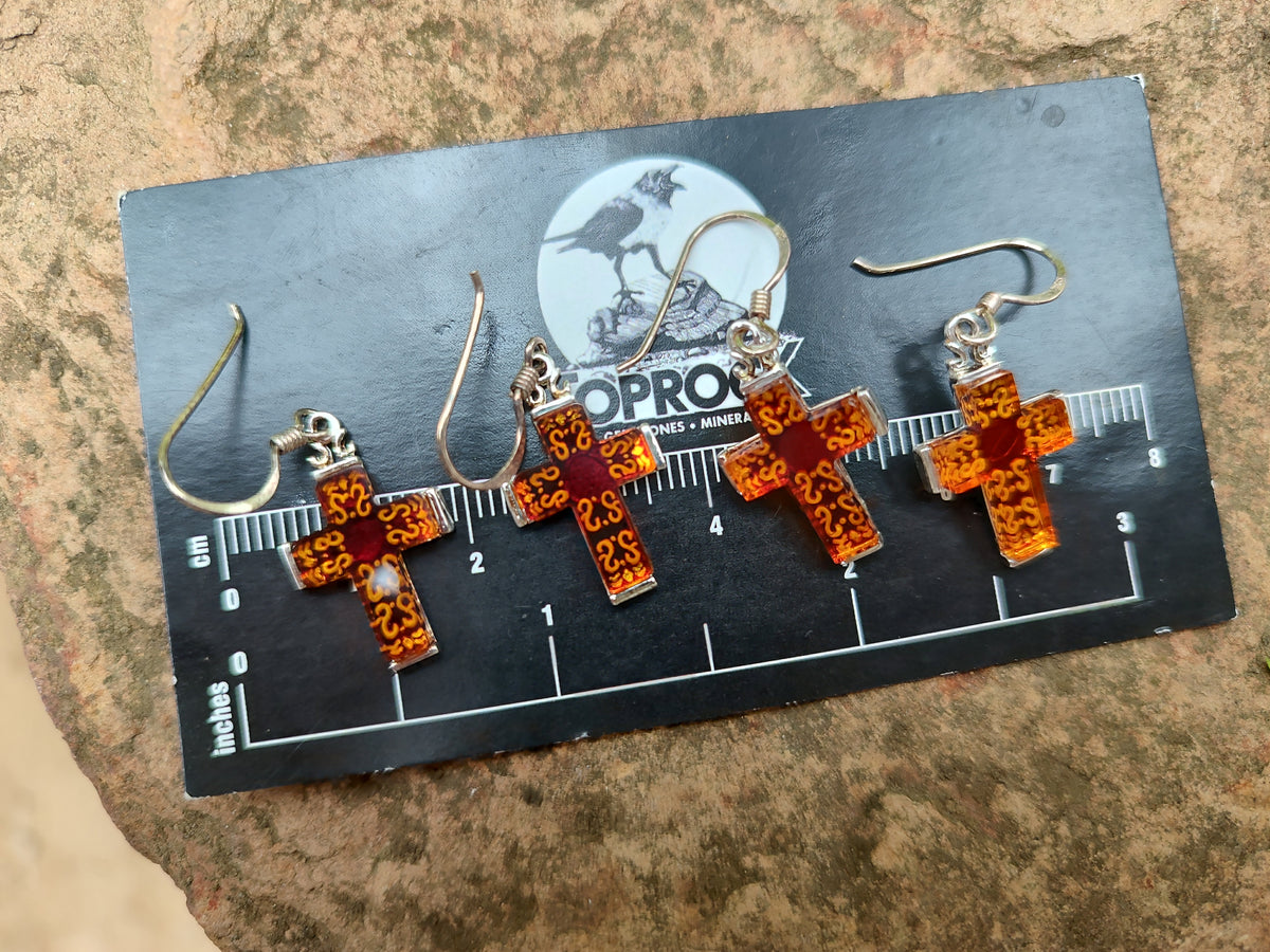 Polished Pair of Baltic Amber Cross Carved Earrings In Sterling Silver - Sold Per Pair - From Poland - Toprock Gemstones and Minerals 