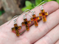 Polished Pair of Baltic Amber Cross Carved Earrings In Sterling Silver - Sold Per Pair - From Poland - Toprock Gemstones and Minerals 