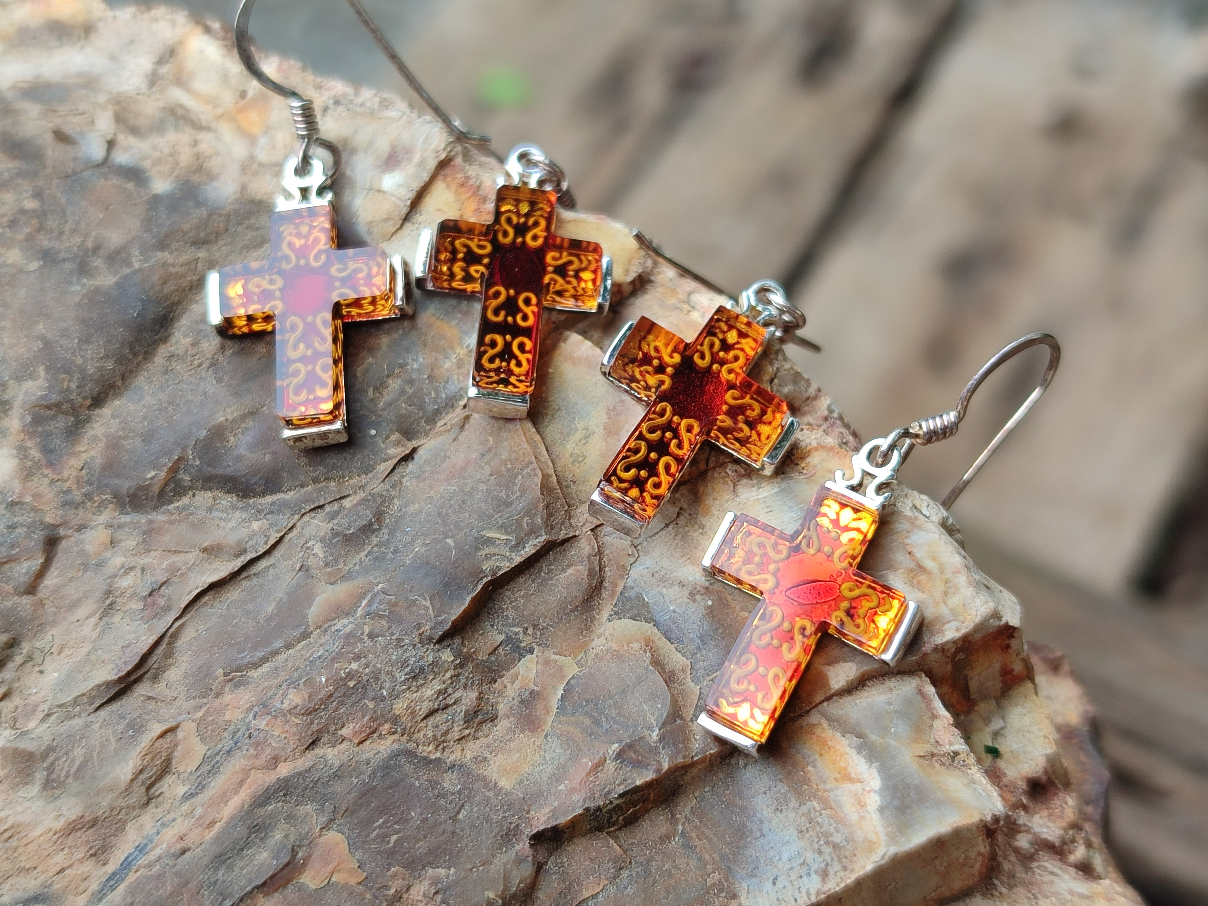 Polished Pair of Baltic Amber Cross Carved Earrings In Sterling Silver - Sold Per Pair - From Poland - Toprock Gemstones and Minerals 