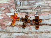 Polished Pair of Baltic Amber Cross Carved Earrings In Sterling Silver - Sold Per Pair - From Poland - Toprock Gemstones and Minerals 