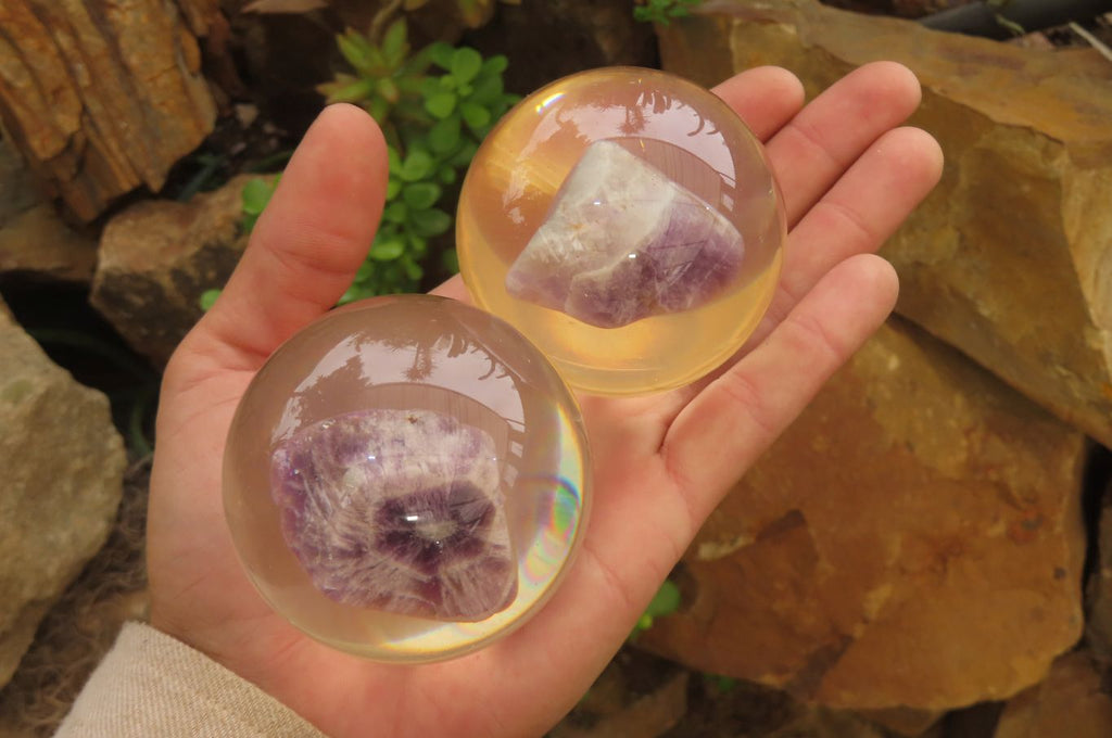 Polished Chevron Amethyst cobbed pieces in PVC Resin Paperweight Spheres - sold per item - From Zambia - Toprock Gemstones and Minerals 