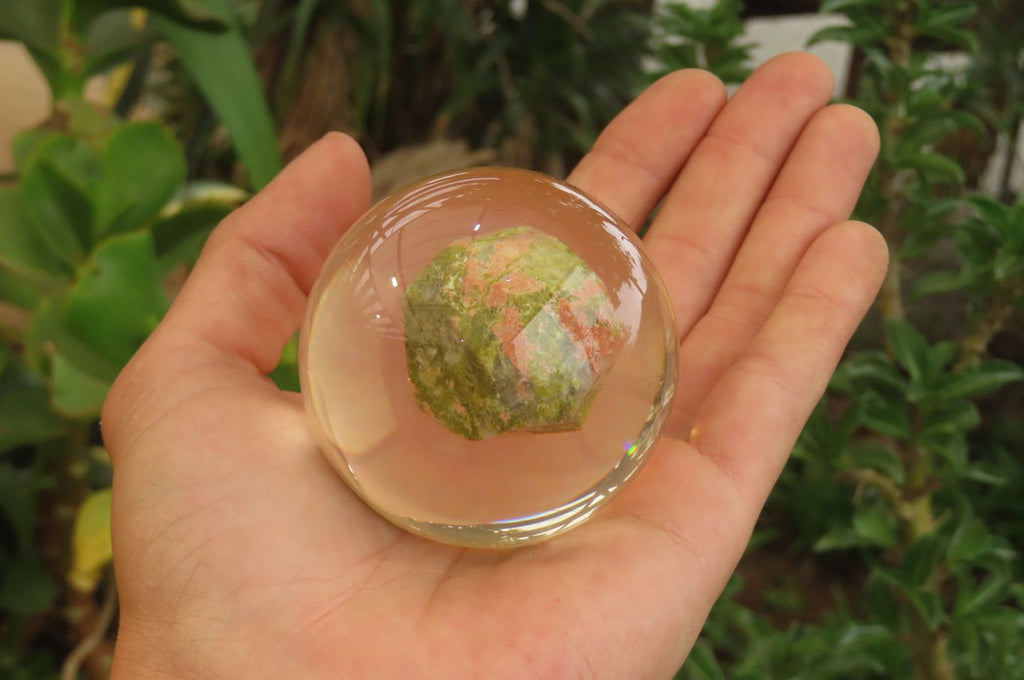 Polished Pink and Green Unakite cobbed piece in PVC Resin Paperweight Sphere - sold per item - From South Africa - Toprock Gemstones and Minerals 