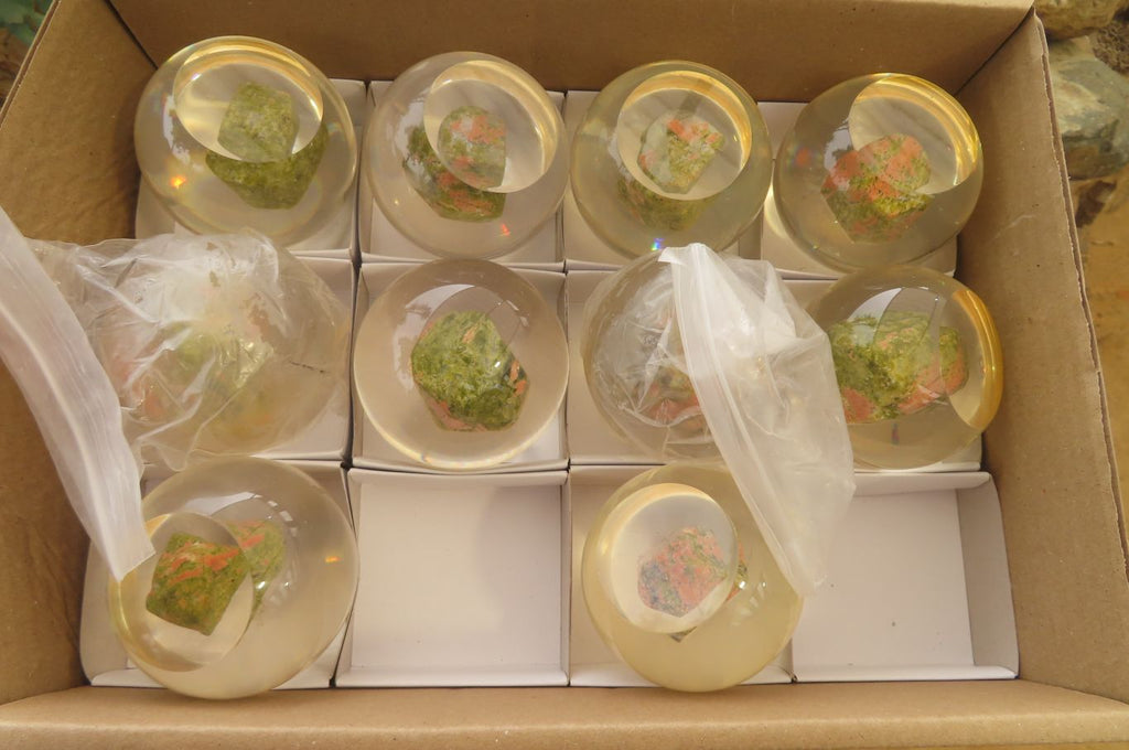 Polished Pink and Green Unakite cobbed piece in PVC Resin Paperweight Sphere - sold per item - From South Africa - Toprock Gemstones and Minerals 