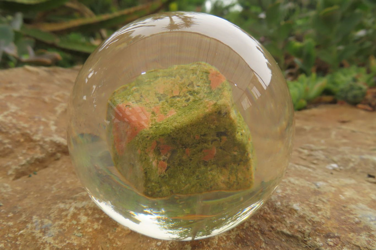 Polished Pink and Green Unakite cobbed piece in PVC Resin Paperweight Sphere - sold per item - From South Africa - Toprock Gemstones and Minerals 