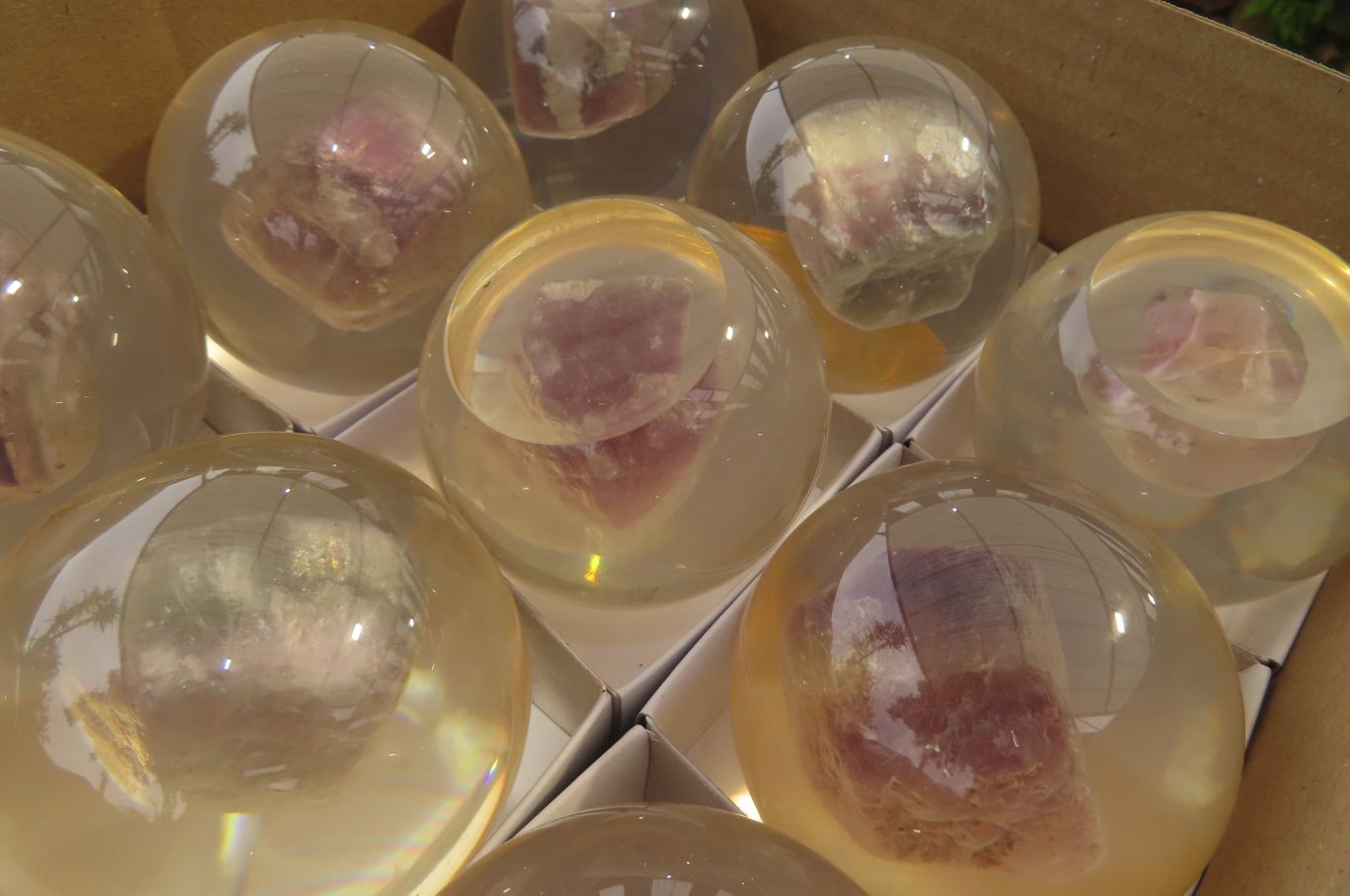 Polished Watermelon Fluorite cobbed piece in PVC Resin Paperweight Sphere - sold per item - From Namibia - Toprock Gemstones and Minerals 