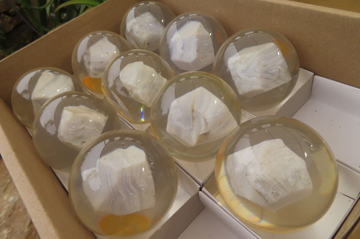 Polished Blue Lace Agate cobbed piece in PVC Resin Paperweight Sphere - sold per item - From Namibia - Toprock Gemstones and Minerals 