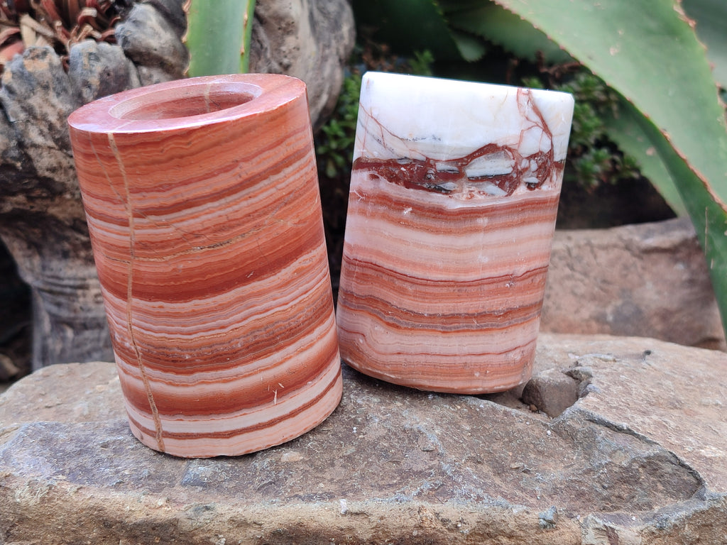 Polished Banded Onyx Candle Holders x 2 From Mexico - Toprock Gemstones and Minerals 