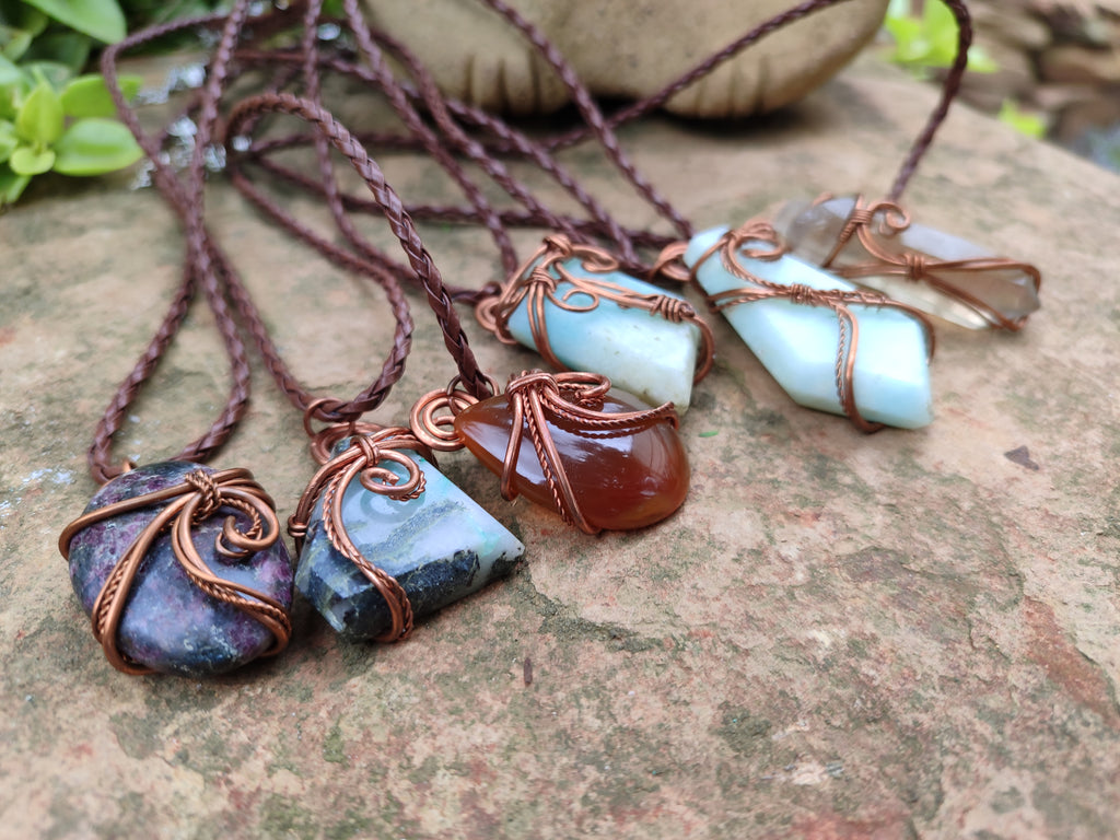 Hand Made Copper Wire Wrapped Stone Pendants x 6 From Southern Africa - Toprock Gemstones and Minerals 