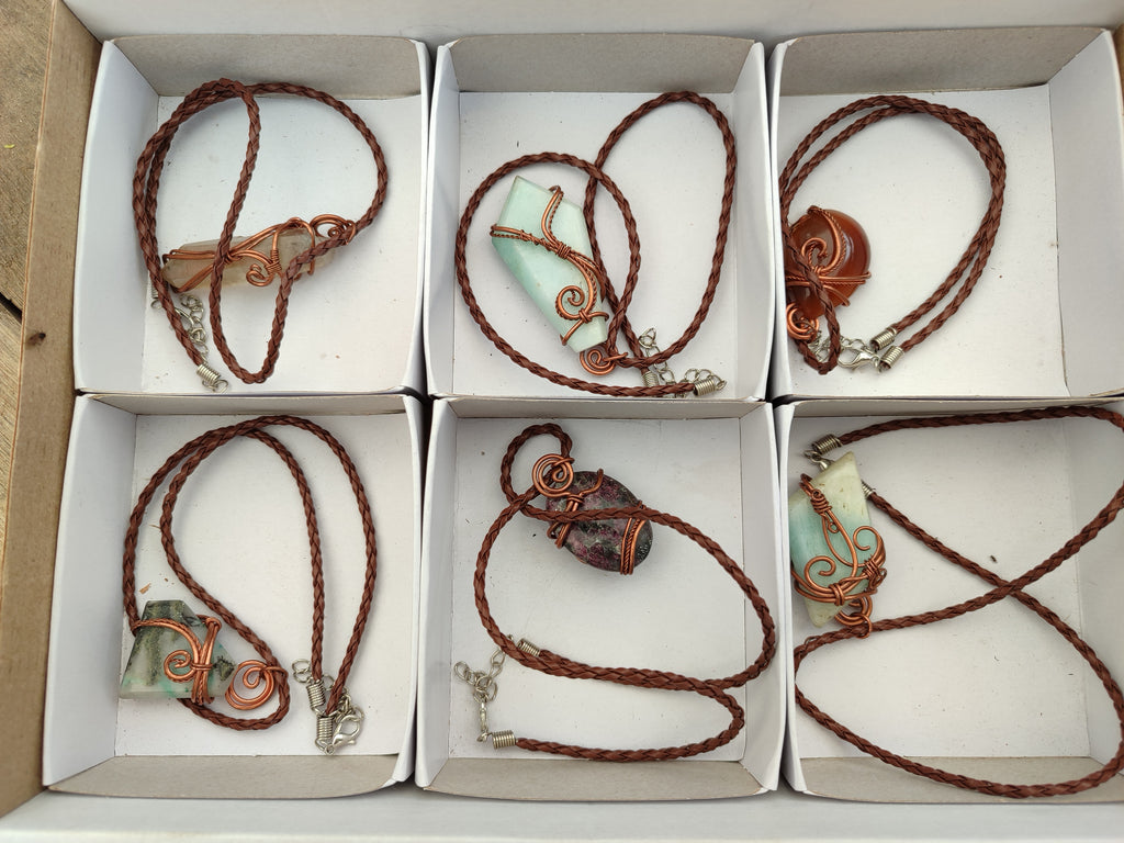 Hand Made Copper Wire Wrapped Stone Pendants x 6 From Southern Africa - Toprock Gemstones and Minerals 