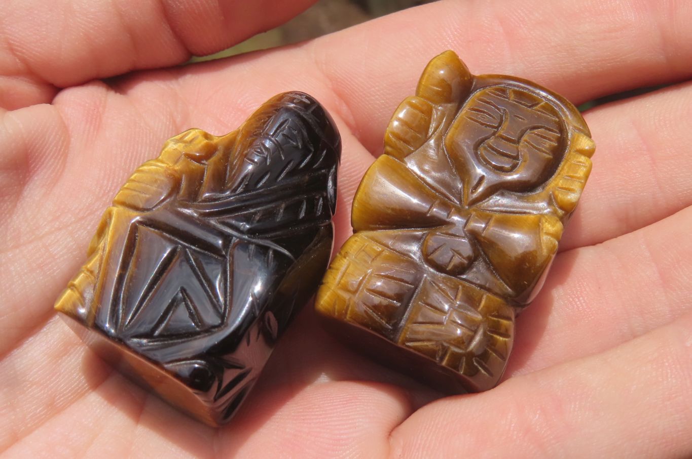 Polished Golden Tigers Eye Far Eastern Carved Gods on Wooden Stands - sold per Set of 7 - From South Africa - Toprock Gemstones and Minerals 