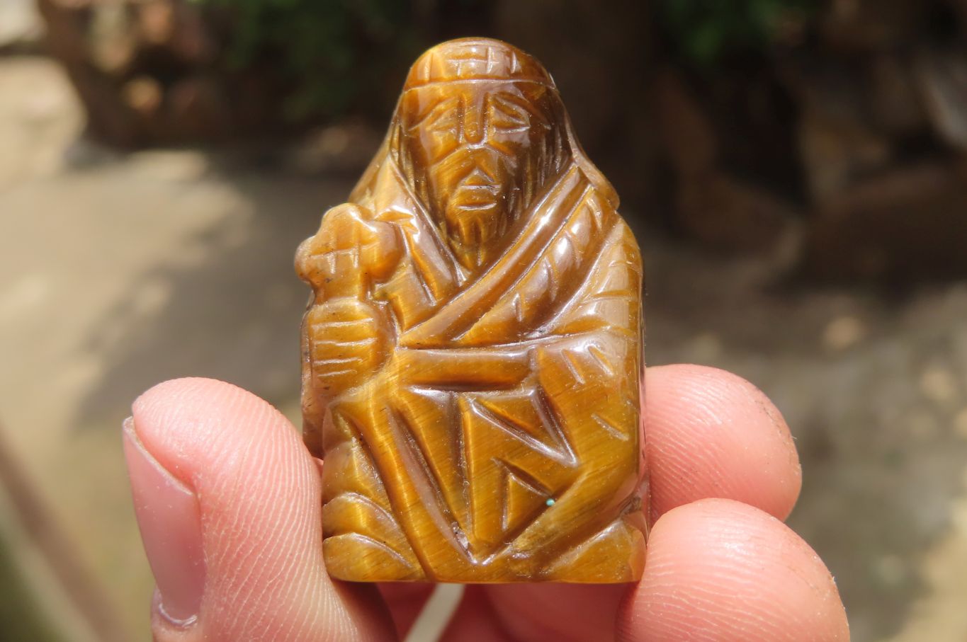 Polished Golden Tigers Eye Far Eastern Carved Gods on Wooden Stands - sold per Set of 7 - From South Africa - Toprock Gemstones and Minerals 