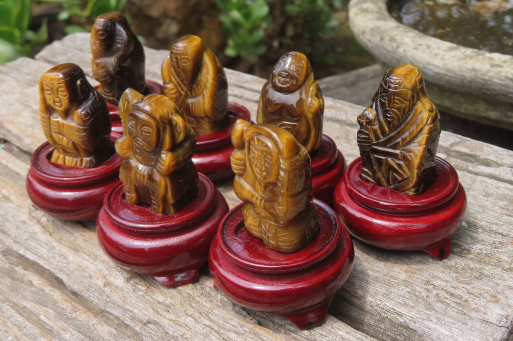 Polished Golden Tigers Eye Far Eastern Carved Gods on Wooden Stands - sold per Set of 7 - From South Africa - Toprock Gemstones and Minerals 