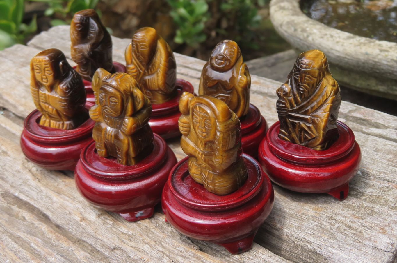 Polished Golden Tigers Eye Far Eastern Carved Gods on Wooden Stands - sold per Set of 7 - From South Africa - Toprock Gemstones and Minerals 