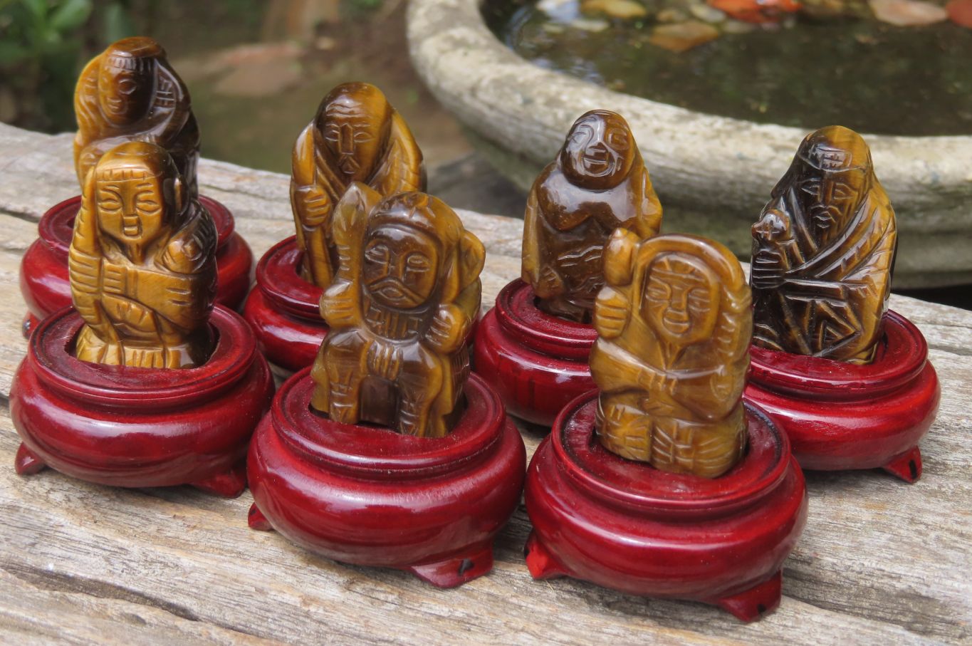 Polished Golden Tigers Eye Far Eastern Carved Gods on Wooden Stands - sold per Set of 7 - From South Africa - Toprock Gemstones and Minerals 
