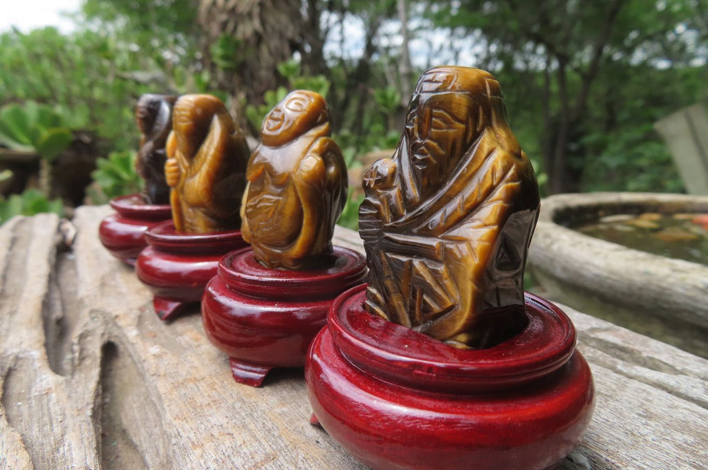 Polished Golden Tigers Eye Far Eastern Carved Gods on Wooden Stands - sold per Set of 7 - From South Africa - Toprock Gemstones and Minerals 