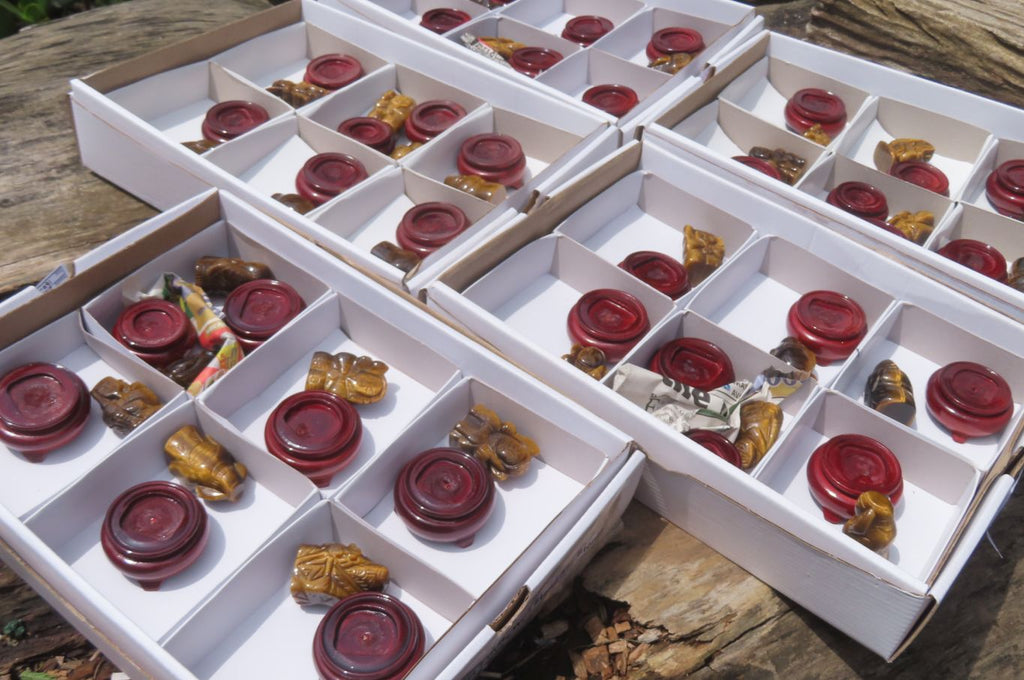 Polished Golden Tigers Eye Far Eastern Carved Gods on Wooden Stands - sold per Set of 7 - From South Africa - Toprock Gemstones and Minerals 