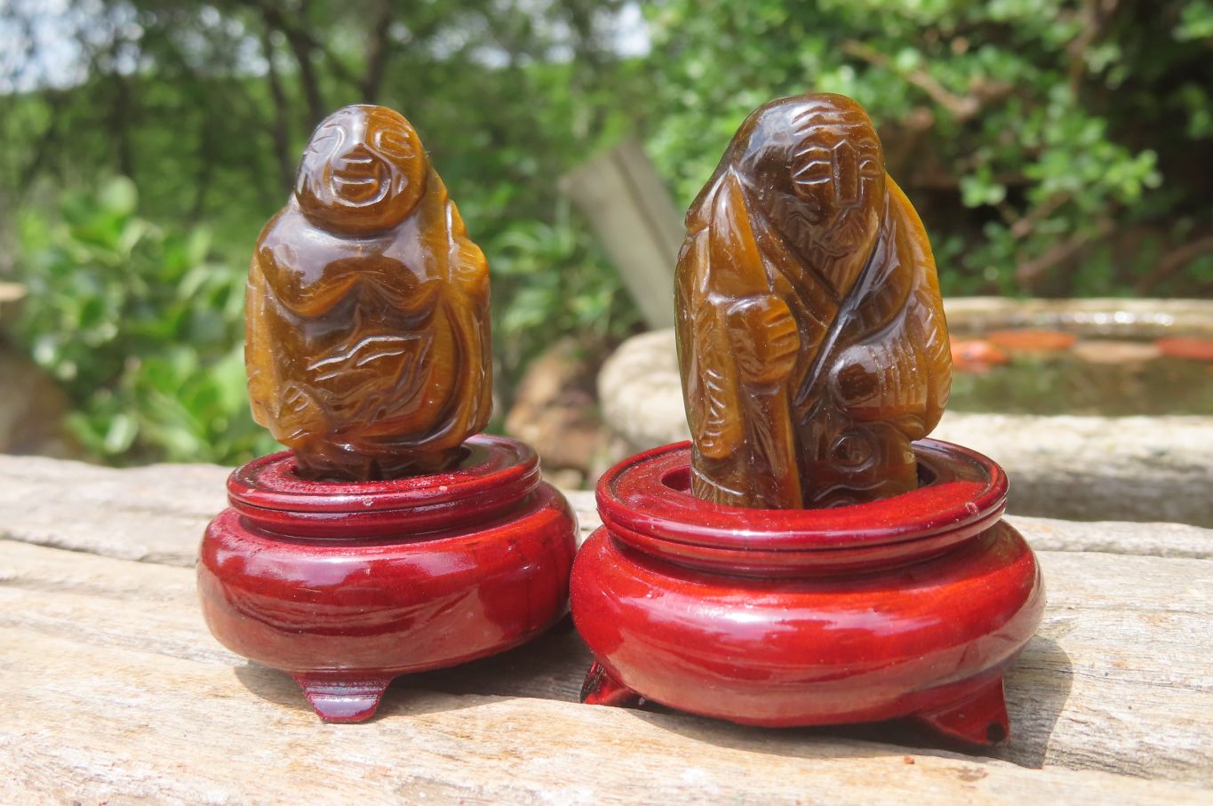 Polished Golden Tigers Eye Far Eastern Carved Gods on Wooden Stands - sold per Set of 7 - From South Africa - Toprock Gemstones and Minerals 