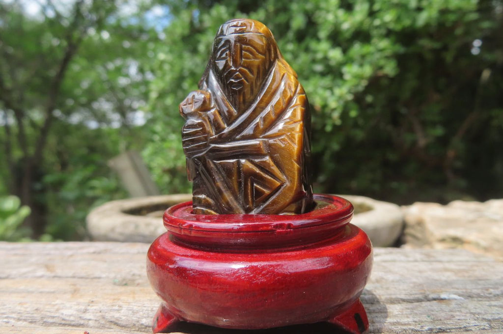 Polished Golden Tigers Eye Far Eastern Carved Gods on Wooden Stands - sold per Set of 7 - From South Africa - Toprock Gemstones and Minerals 