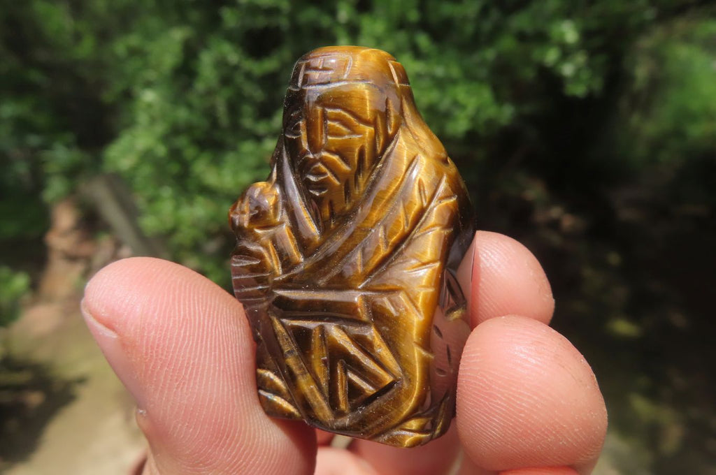 Polished Golden Tigers Eye Far Eastern Carved Gods on Wooden Stands - sold per Set of 7 - From South Africa - Toprock Gemstones and Minerals 