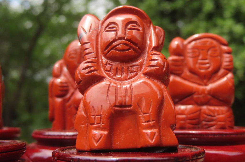 Polished Red Jasper Far Eastern Carved Gods on Wooden Stands - sold per Set of 7 - From South Africa - Toprock Gemstones and Minerals 