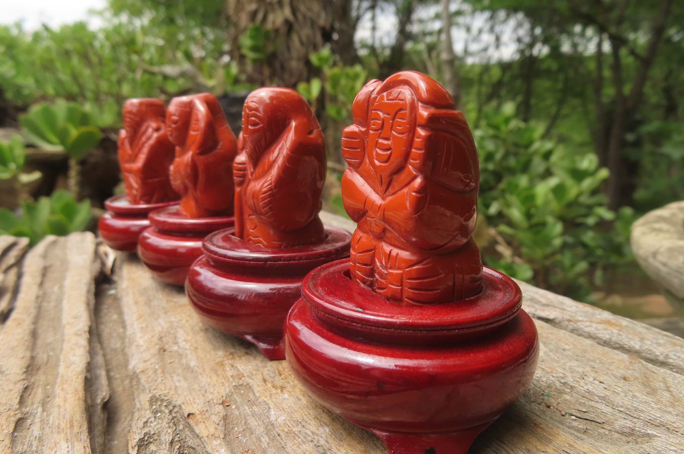 Polished Red Jasper Far Eastern Carved Gods on Wooden Stands - sold per Set of 7 - From South Africa - Toprock Gemstones and Minerals 