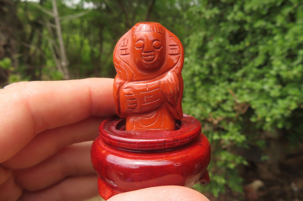 Polished Red Jasper Far Eastern Carved Gods on Wooden Stands - sold per Set of 7 - From South Africa - Toprock Gemstones and Minerals 