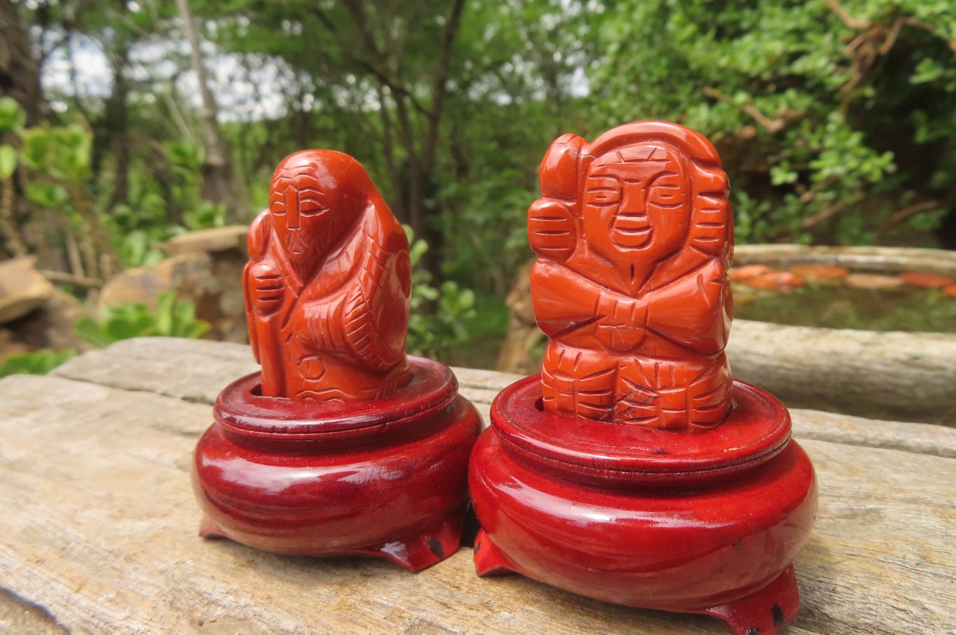 Polished Red Jasper Far Eastern Carved Gods on Wooden Stands - sold per Set of 7 - From South Africa - Toprock Gemstones and Minerals 