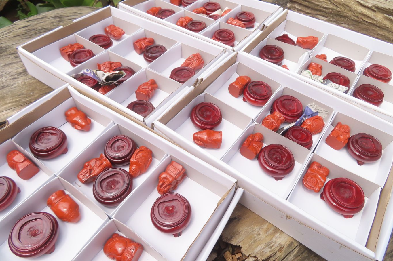Polished Red Jasper Far Eastern Carved Gods on Wooden Stands - sold per Set of 7 - From South Africa - Toprock Gemstones and Minerals 